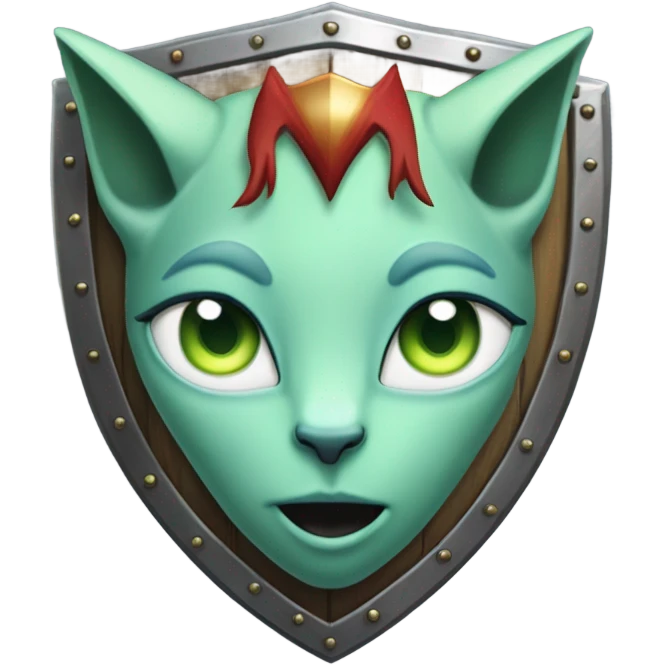 medieval shield: [politically incorrect, (
	{ female, alien, witch, color: light green, hair:red, eyes:cat} ]
	on a 
	[{ unicorn: white, legged:four, mane: light blue }]) emoji