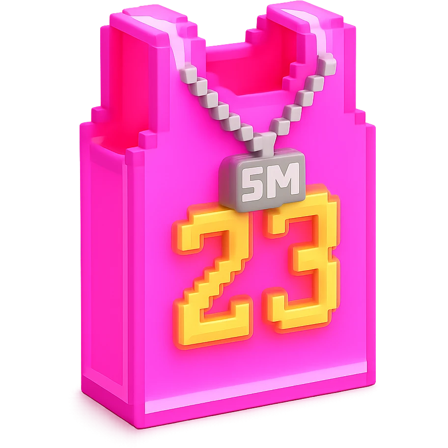 светящейся розовая баскетбольная майка с надписью "23" и серебряная цепь с надписью "SM", no background emoji