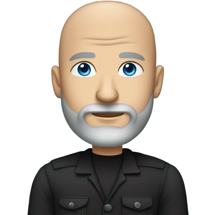 Wearing a black dress shirt with a subtle pattern, blue jeans and black Chelsea boots Bald, Caucasian, sky-blue-eyed, Psychotherapist in a modern chair with a full beard emoji