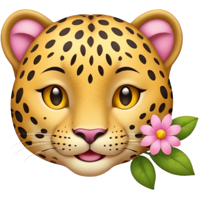 A leopard with eyes closed and a peaceful smile. A pink flower with a yellow center is tucked behind its right ear
 emoji