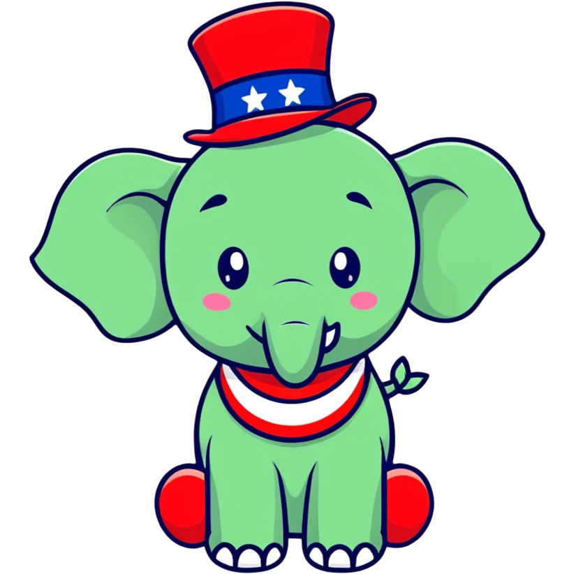 cute red elephant, cartoon style, simple and round like iOS emoji, wearing a patriotic top hat, ideal for digital stickers emoji