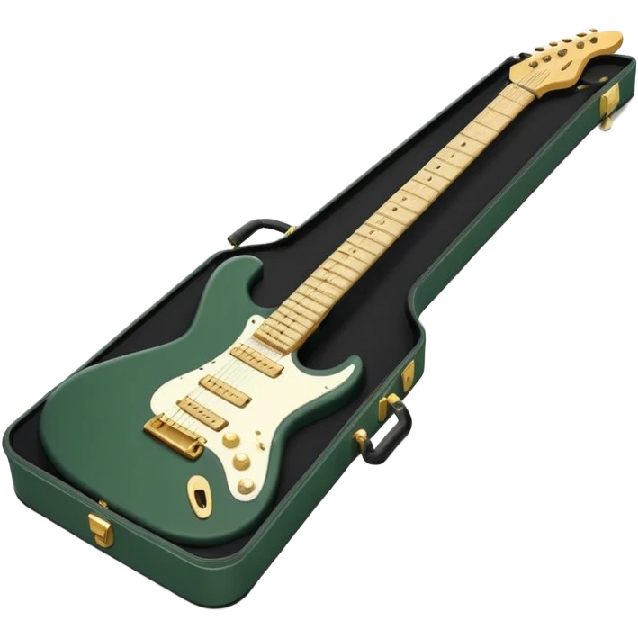 minimalist electric guitar in dark green, closed inside a black rectangular hard case with gold latches, soft matte textures, simplified details emoji