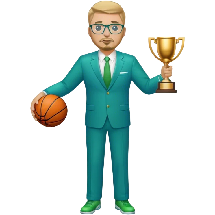 Full Body white plus size man  wearing glasses with a goatee with dirty blond short hair basketball head Coach in blue and green suit holding trophy emoji