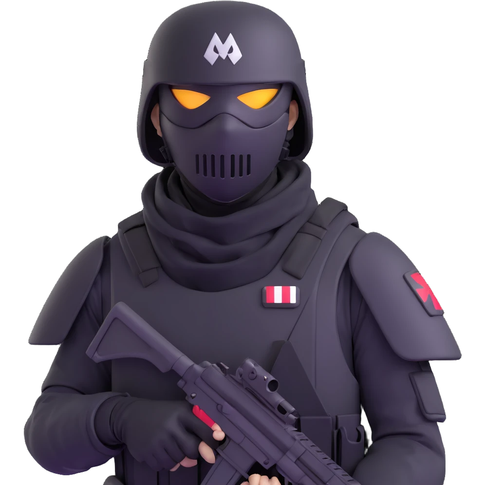 armed figure in all-black military clothing, shiesty mask, helmet, dramatic lighting emoji
