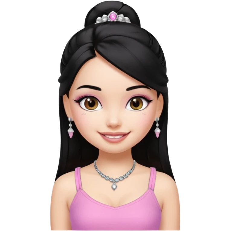 generate a pretty bratz girl with a pink cami top, straight black hair, silver jhumkas on emoji