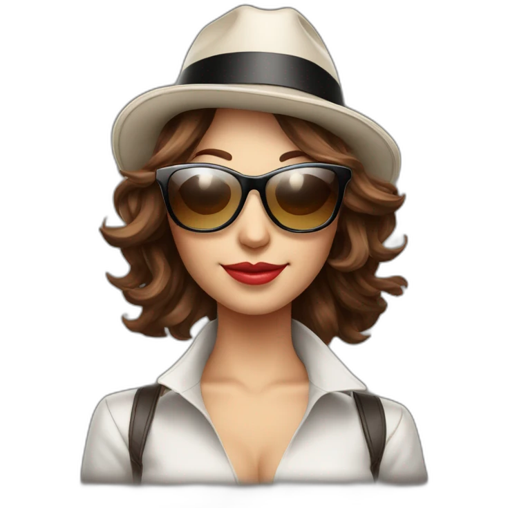 sunglasses on female head with wavy brown hair and a poker dealer hat, playing blackjack emoji