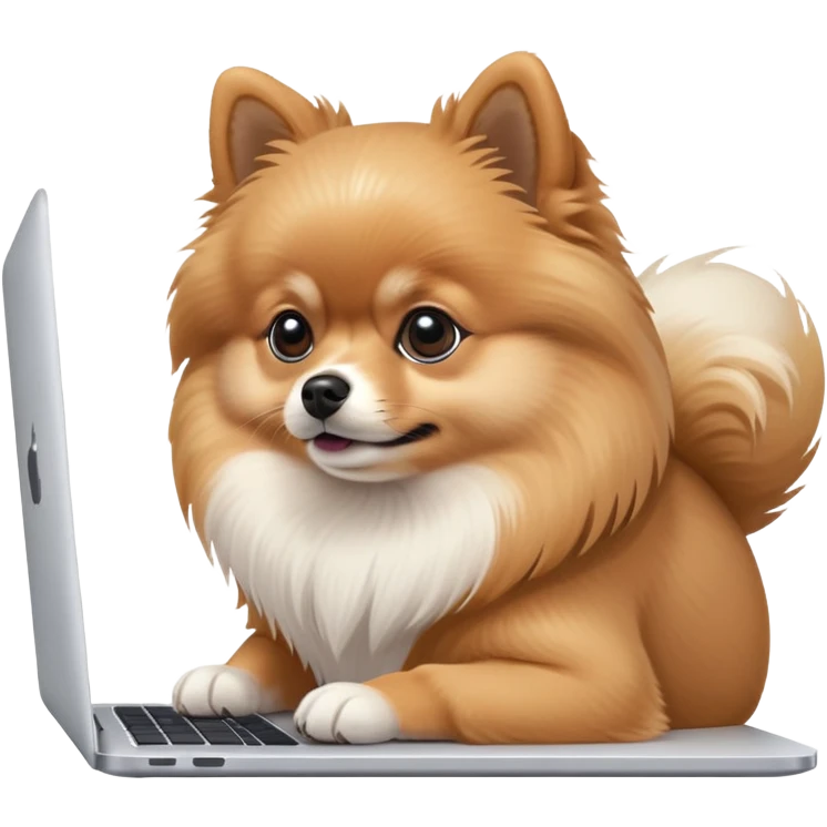 A cute Pomeranian dog working on a MacBook, side view, focused expression emoji