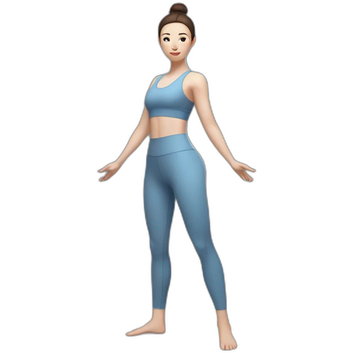 Pale skinned fit woman In a blue light tight yoga suit and wristbands With dark brown hair in a bun doing yoga emoji