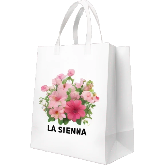 White shopping bag with La Sienna written on the side in text with picture of flower and inside bag has floral pink clothes in it  emoji
