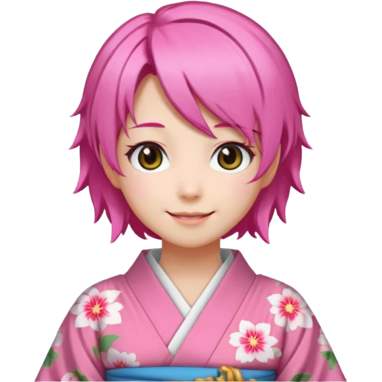 anime girl pink hair smiling , in kimono emoji