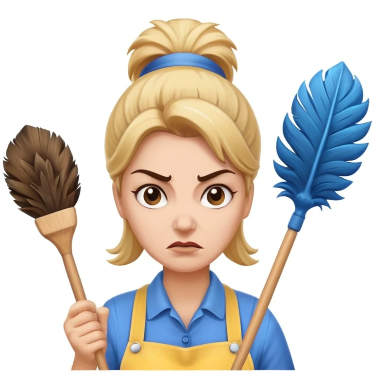 evil cleaning lady, angry face, holding a feather duster, simple background emoji