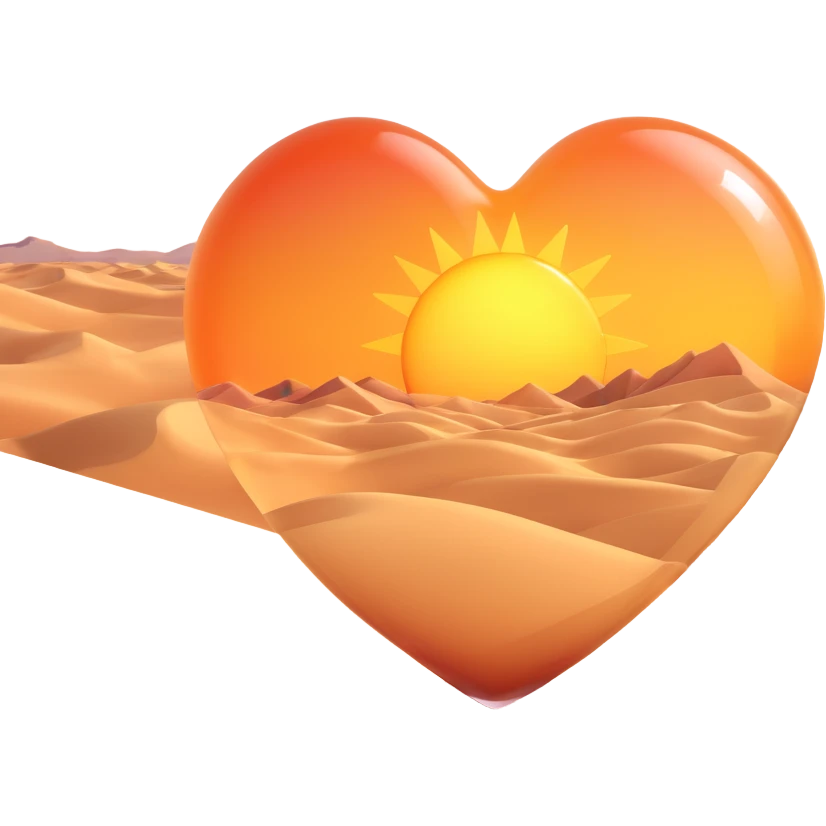Add a realistic sun inside the glass heart, above the desert sand dunes, keep the glass look and no vegetation, 3D emoji style, with no background emoji
