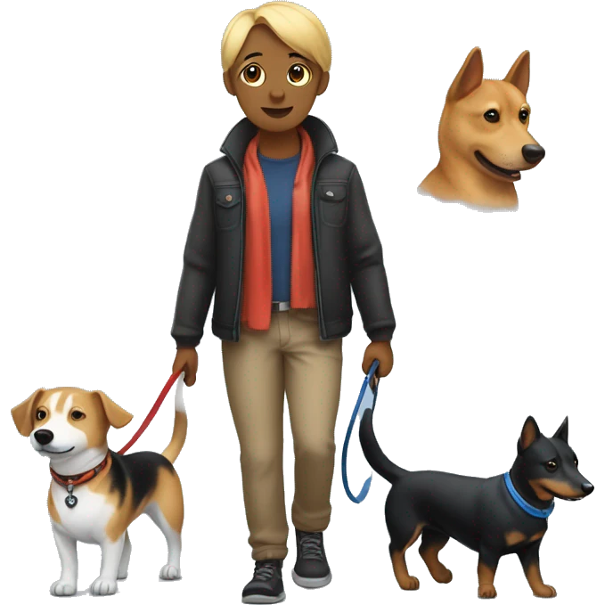 Me walking with two dogs. One is black male dachshund with blue collar and leash. The other one is a female like a shiba inu, but more messy and hairy. Has black bandana collar emoji