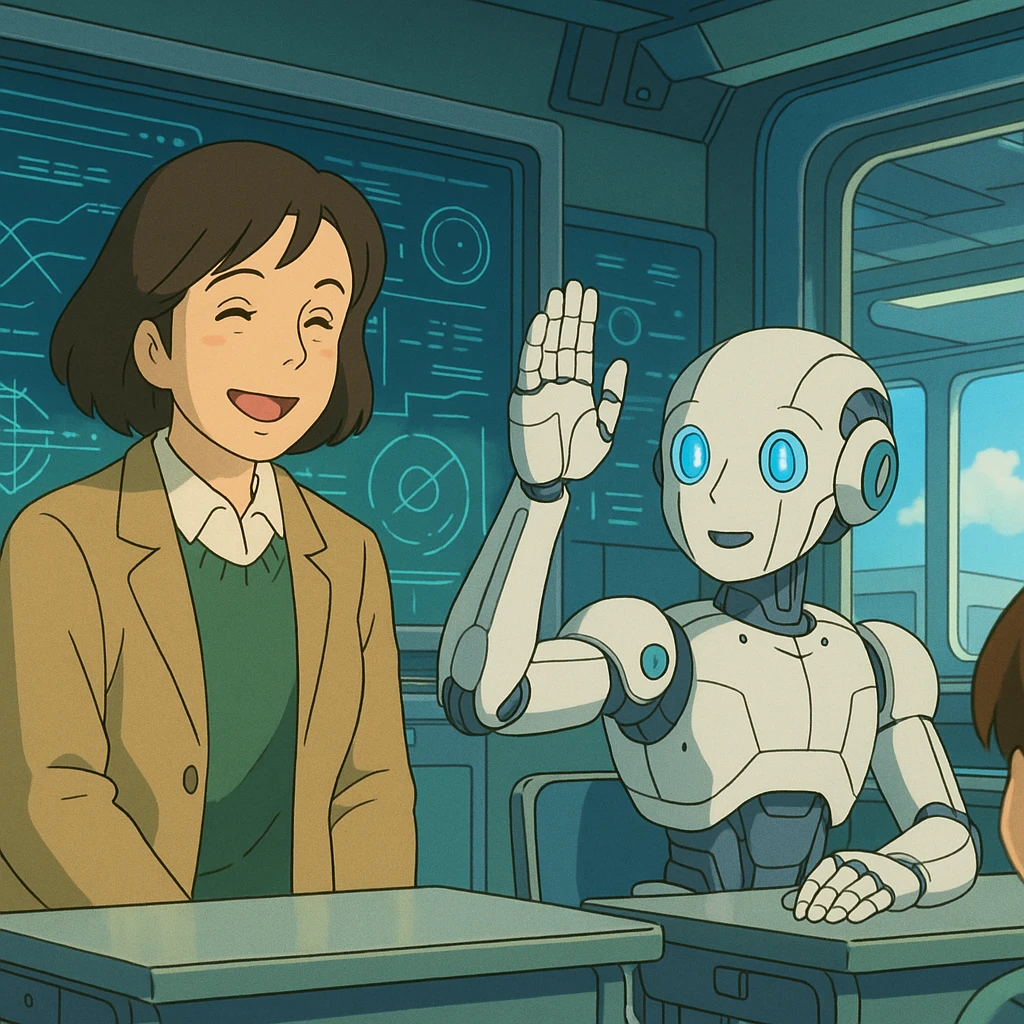 A human teacher smiling as an android student raises its hand to ask a question in a high-tech classroom emoji