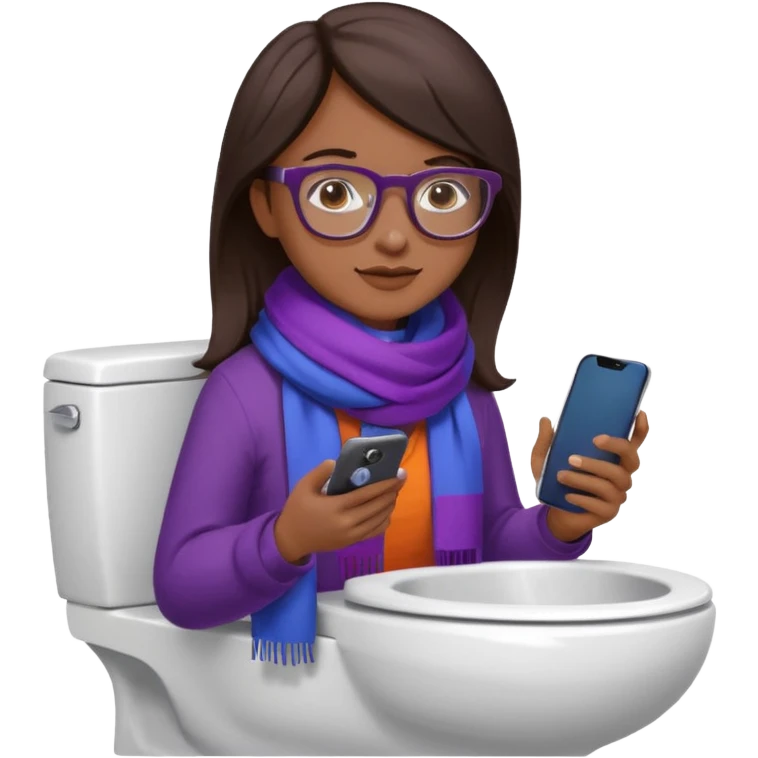 Fille châtain foncé avec lunettes. Elle porte une grosse écharpe violette, bleu et orange. Elle assise dans une cuvette de toilette. Téléphone en main. Realiste emoji