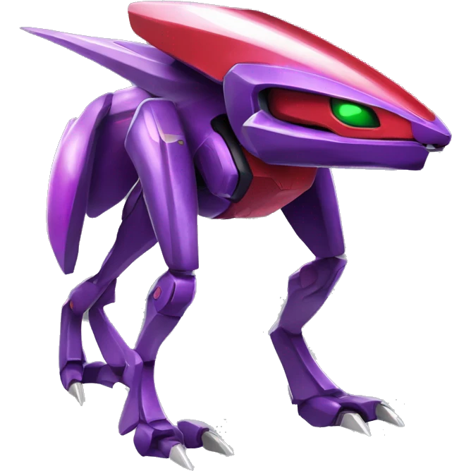 a shiny purple-green-red Genesect-Raptor-Fakémon—hybrid with a futuristic visor-helmet full body emoji