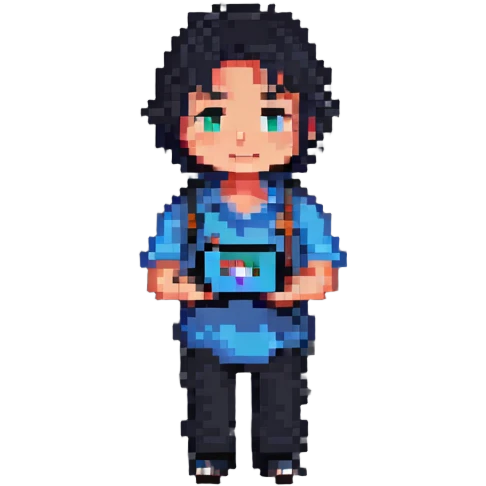 un chico con un celular en su mano, estilo pixel art emoji