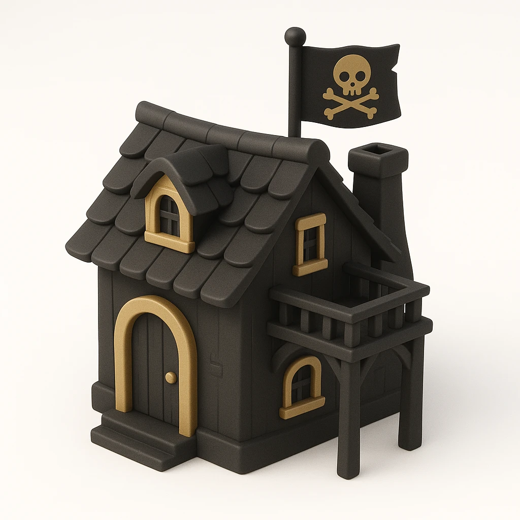 old pirate's house with skull flag emoji