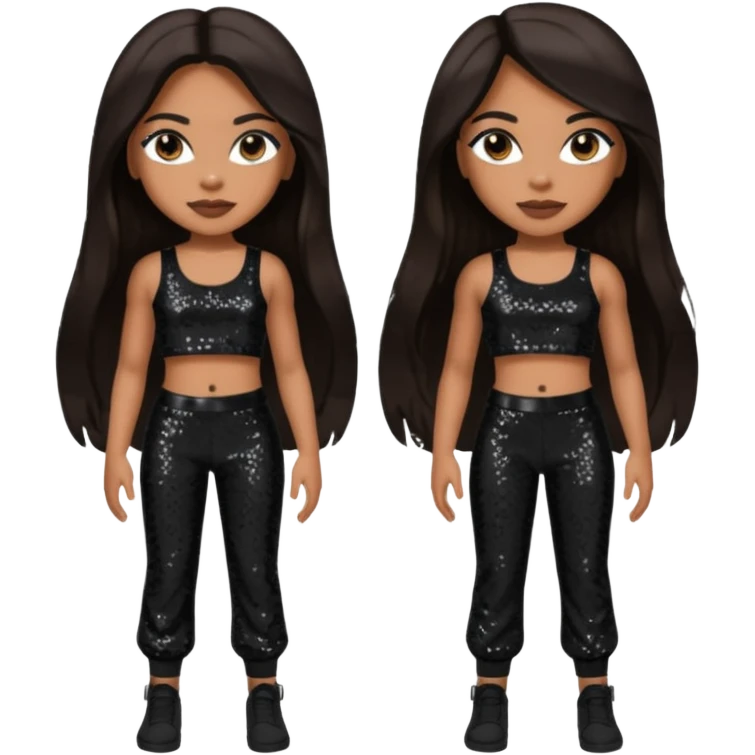Aaliyah with long dark brown hair, black sequin crop top, black sequin pants emoji