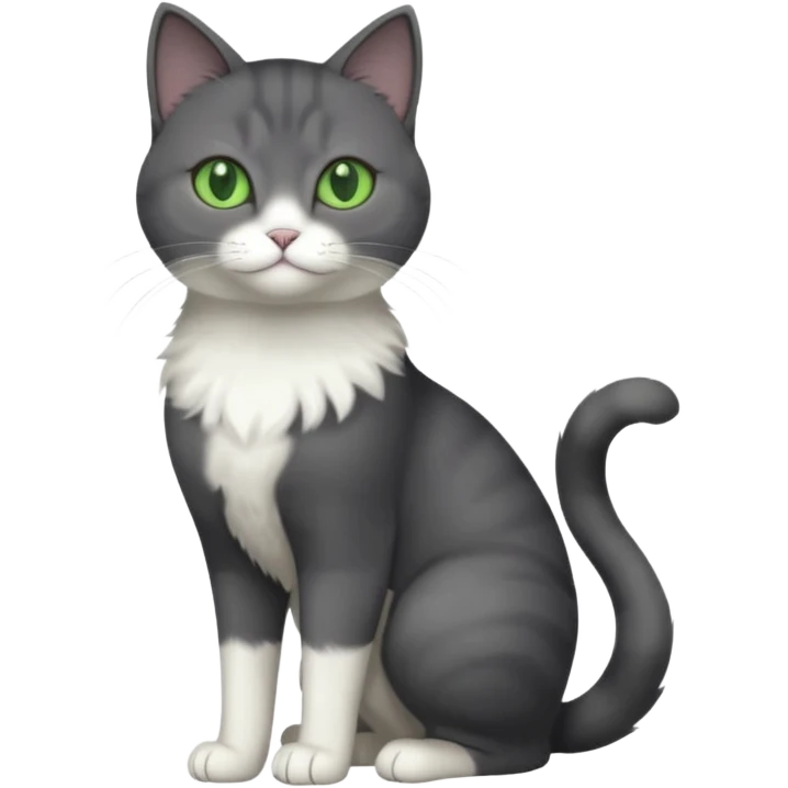 full body view of beautiful female solid dark grey cat with green eyes, white toes and white patch on chest emoji