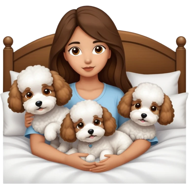 Olive skin girl with long brown hair in bed with 3 WHTE bichon frise's emoji