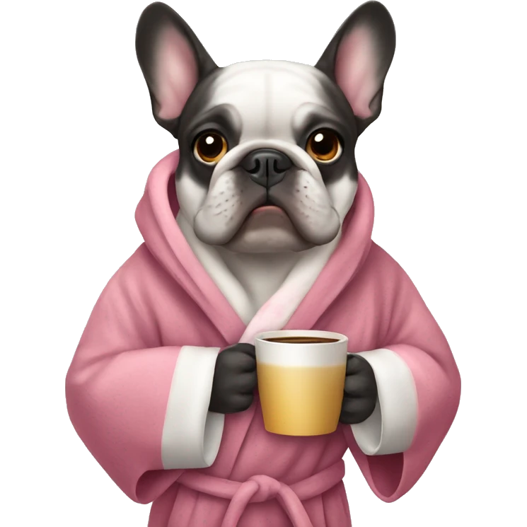 A French bulldog in a bathrobe drinks coffee emoji