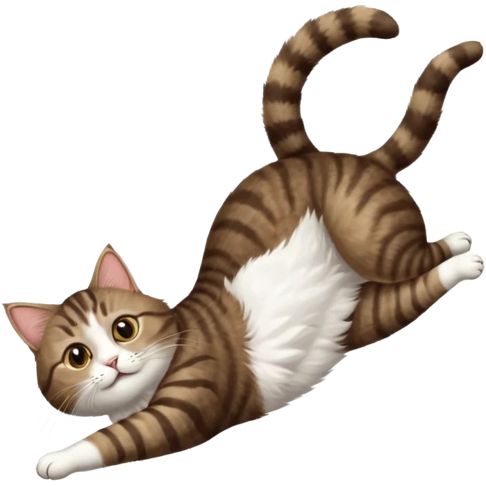dark brown tabby and white cat with doing a big extremely long stretch reaching up into the air with arms and legs side by side together straight and overextended whilst lying on its side emoji