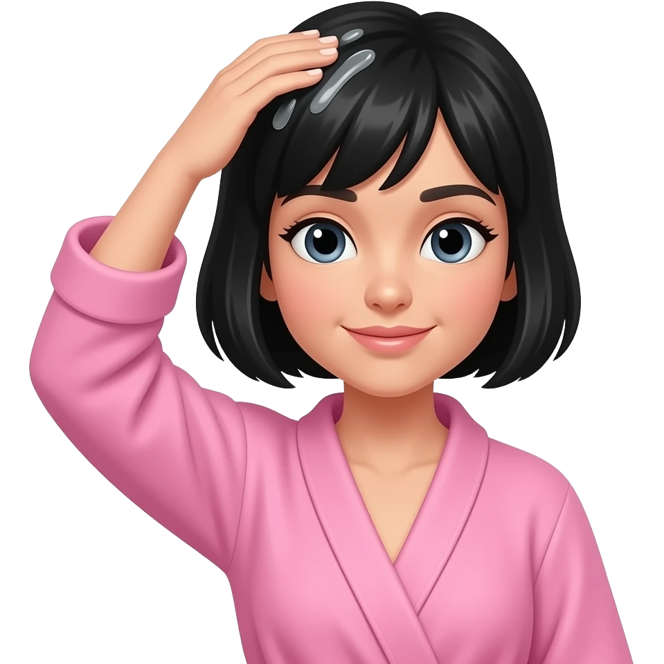 White girl taking care of her black short hair by giving herself a hair tonic massage, wearing a pink robe, iPhone emoji style emoji