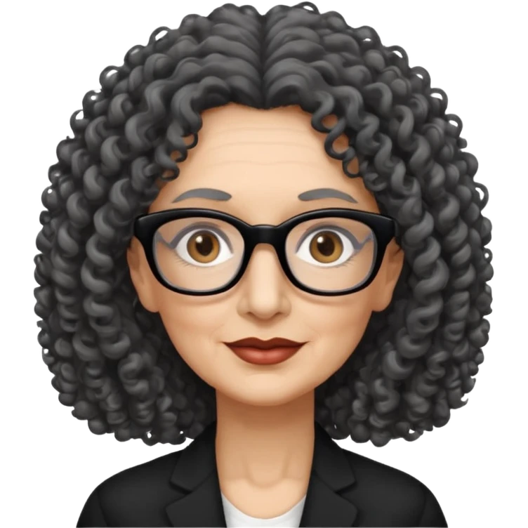 femme 60 ans cheveux gris foncé très bouclé longs et yeux marrons foncé,  lunettes rectangle noir emoji