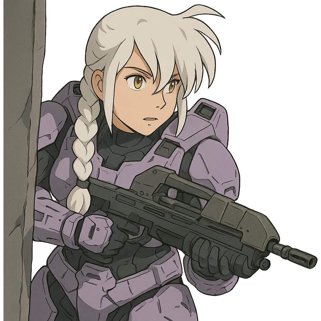 female, wearing reach spartan armor default, long white braid hair with massive messy front side single bangs, gold yellow eyes, attention pose, HALO:series, no helmet, the armor is lavender color scheme, shoulder pad off. DDD bust size fitting. Punk gothic cyberpunk, peeking around a corner while aiming a classic HALO1 AR, tactical, lean emoji