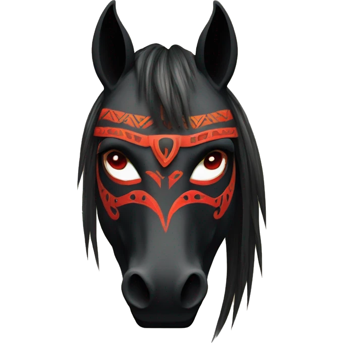 Black mask of a smiling horse with red eyes in front with a tribal style emoji