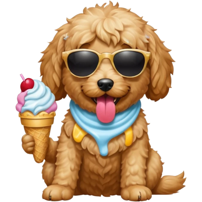 Create a mini golden doodle dog  wearing sunglasses and with its tongue out eating icecream emoji
