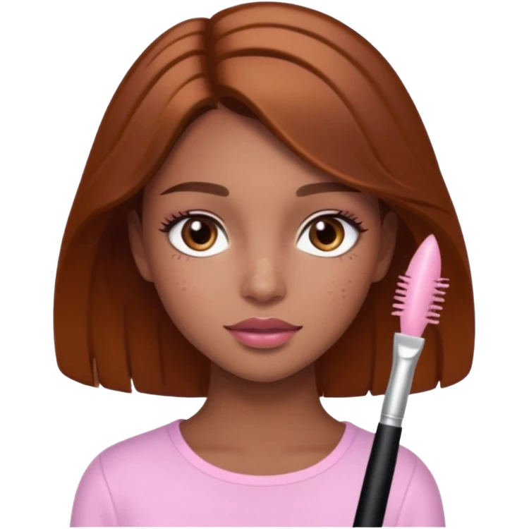Pretty girl with caramel skin brown hair brown eyes and freckles. Wearing light pink lipgloss and mascara  emoji