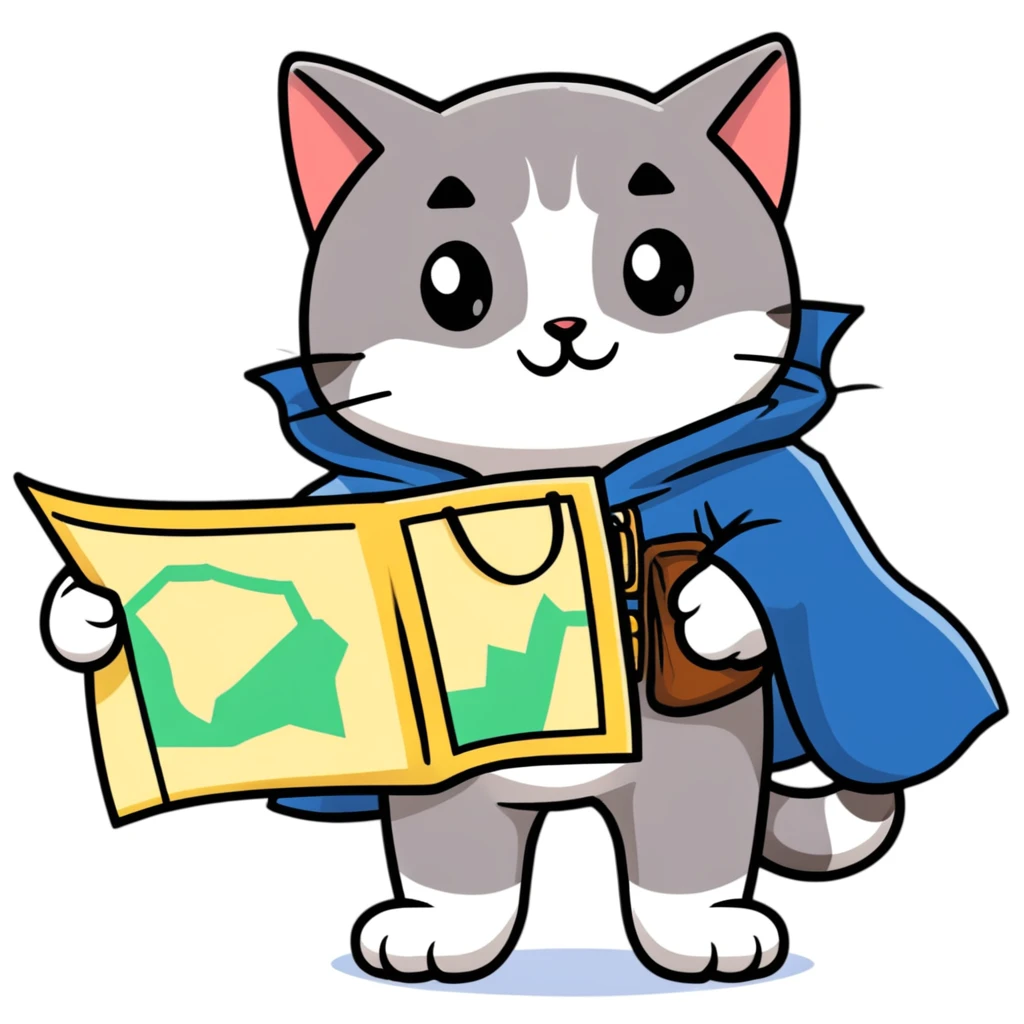 Explorer cat with map in paws, mountains and starry sky behind, wearing explorer outfit and cloak blowing in wind, gazing at horizon emoji
