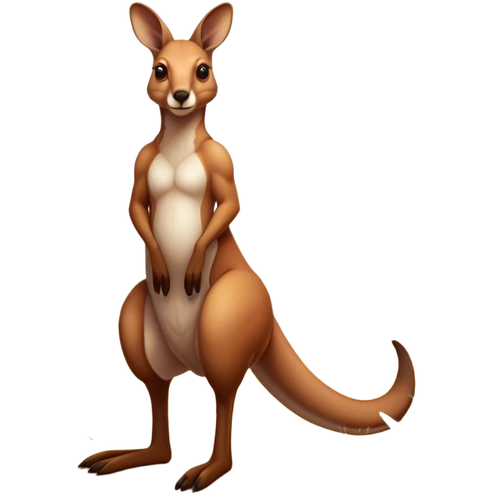 Cinematic-realistic Australian kangaroo, standing tall with powerful hind legs and a muscular tail for balance. Its reddish-brown fur glows under the golden sunlight, ears perked and eyes alert. The rugged outback stretches behind it, with dry grass and scattered eucalyptus trees completing the iconic scene. emoji