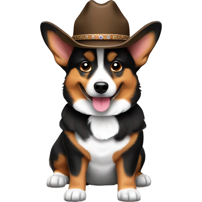 Black and brown corgi with cowboy hat emoji
