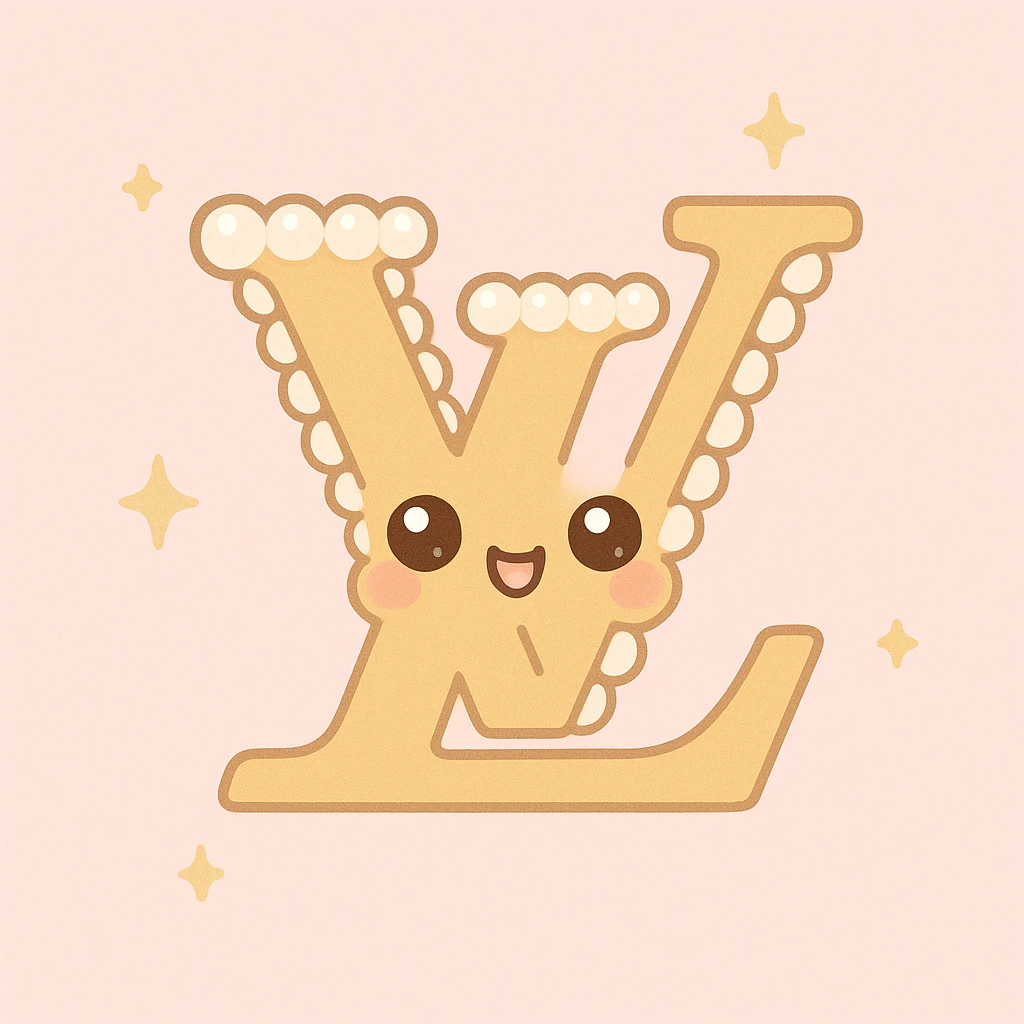 Louis Vuitton LV monogram, metallic gold, pearl border, elegant, kawaii style emoji