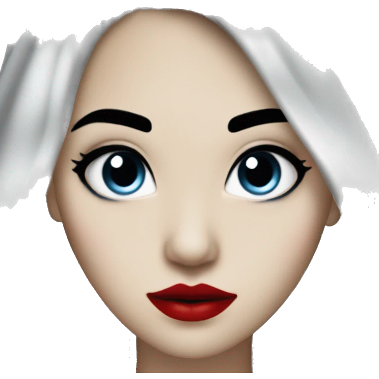 long black blue hair, red lipstick, black eyes, white skin and a small nose emoji
