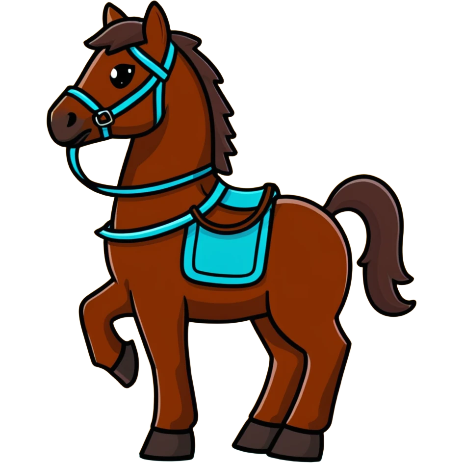 Dark chestnut horse with turquoise western tack full body standing still emoji