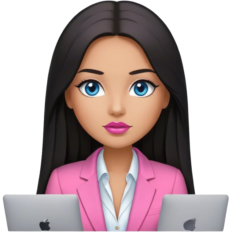 Glamours tanned very beautiful girl with very pump nude lips and black straight smooth long hair, blue eyes and pink blazer vest with MacBook  emoji