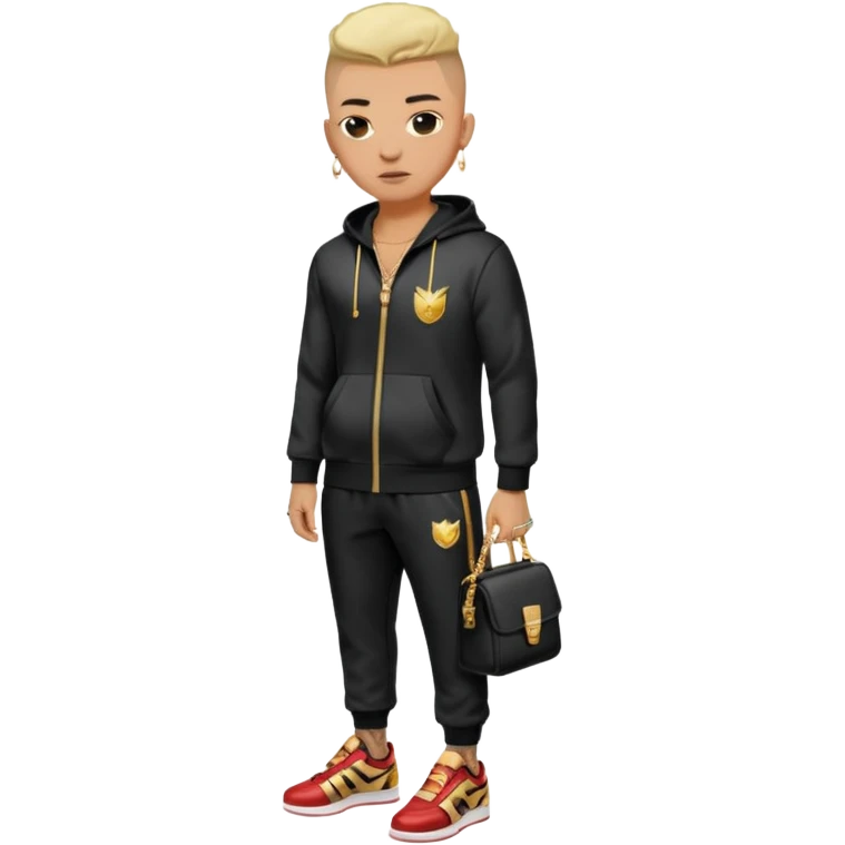 Capelli rasati ai lati con sfumatura, sopra corti e fissati con gel. Look curato e deciso. Indossa tuta firmata (Nike, Adidas, Lacoste, EA7) o jeans skinny, scarpe vistose come Air Force 1. Sempre presenti borsello a tracolla e collana d’oro E tatuaggi d’appertutto a mezzo busto emoji