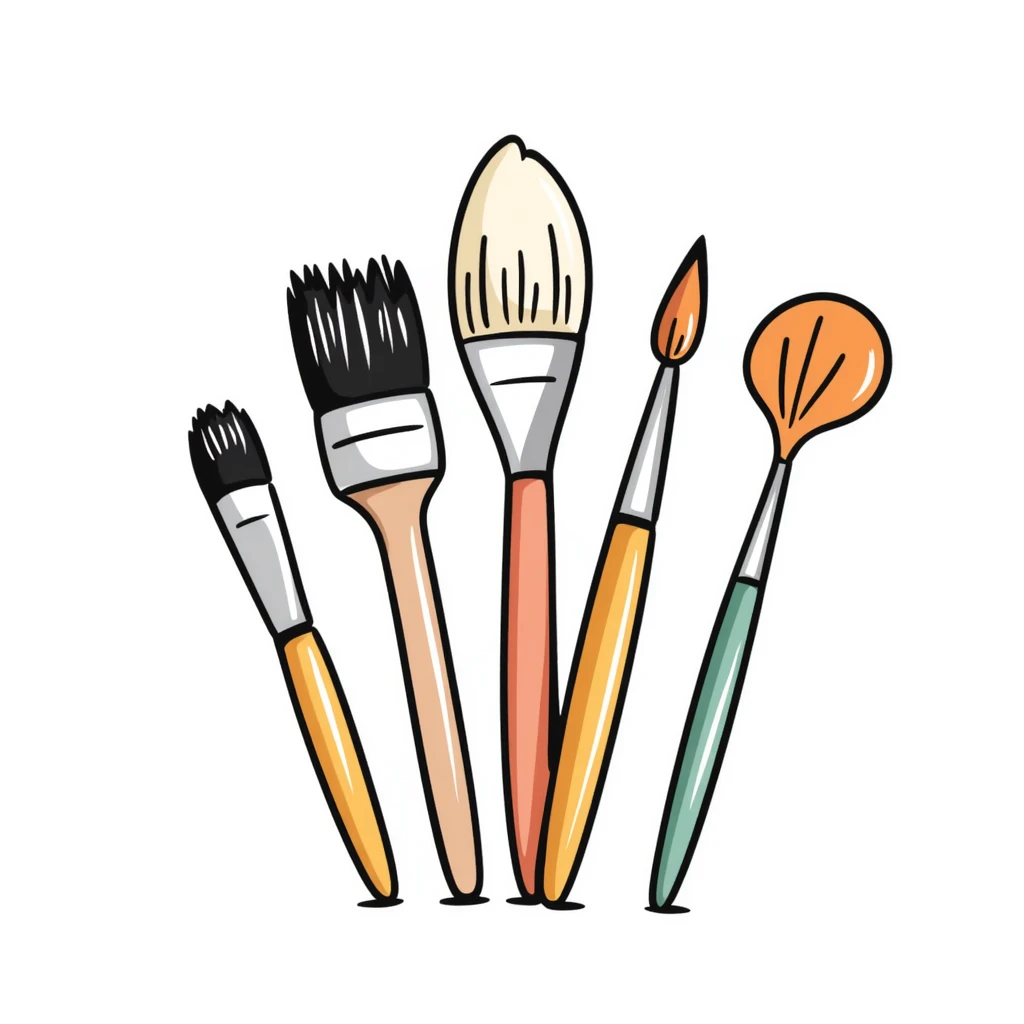 A set of artist paintbrushes in different sizes and shapes with wooden handles in pastel colors (dd9fb0, ffc6d3, a3bfc9, c4bee2, f1b091), hand-drawn doodle style emoji