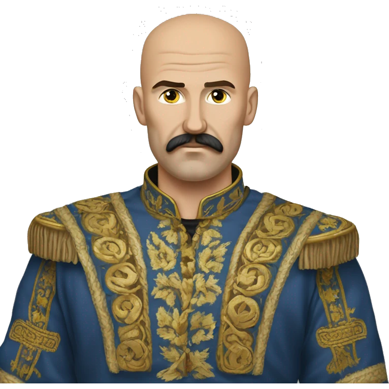 a Cossack warrior, The Cossack has a shaved head and a long strand of hair on one side. He has a thick, curved mustache and wears a gold earring in his left ear. He is wearing a simple Ukrainian embroidered shirt emoji