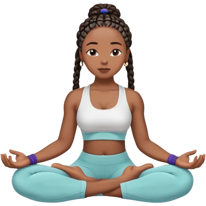A Black woman with box braids sitting in a cross-legged meditation pose, eyes closed, hands resting on her knees, wearing a comfortable yoga outfit (sports bra & leggings or a loose top). emoji