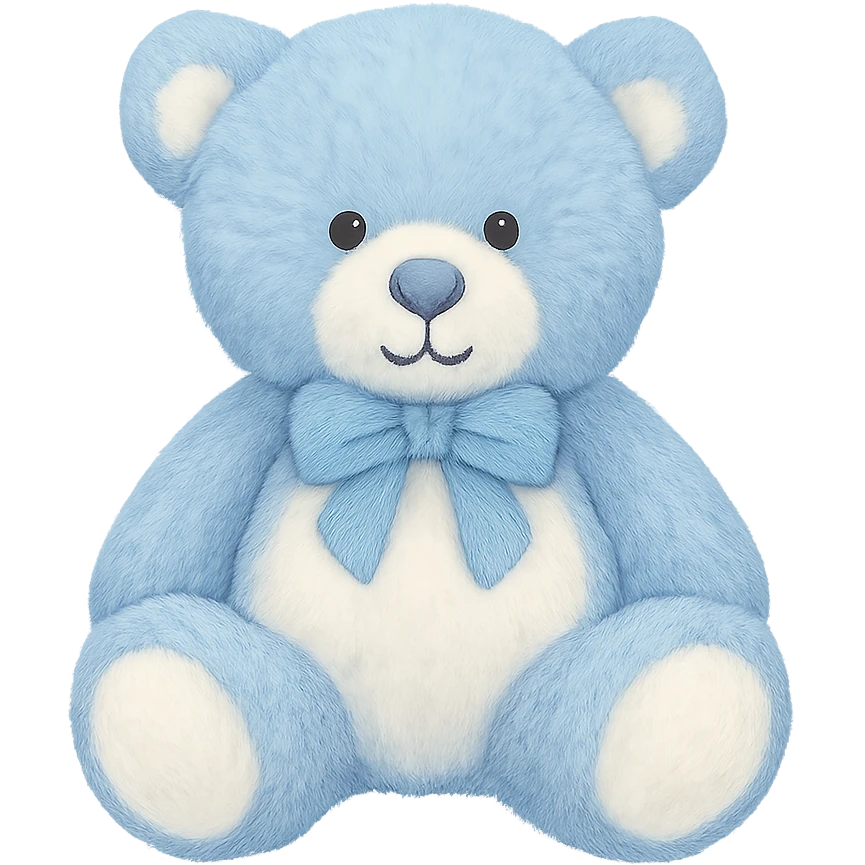Change the teddy bear's fur to blue and white, keep it soft and plush, no shadows, flat lighting, no background. The style should maintain the original look of the teddy bear in the image. emoji