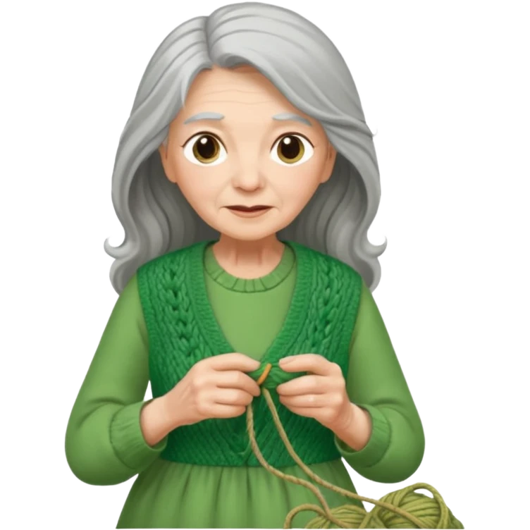 elderly women  working knitting in long hair green dress emoji
