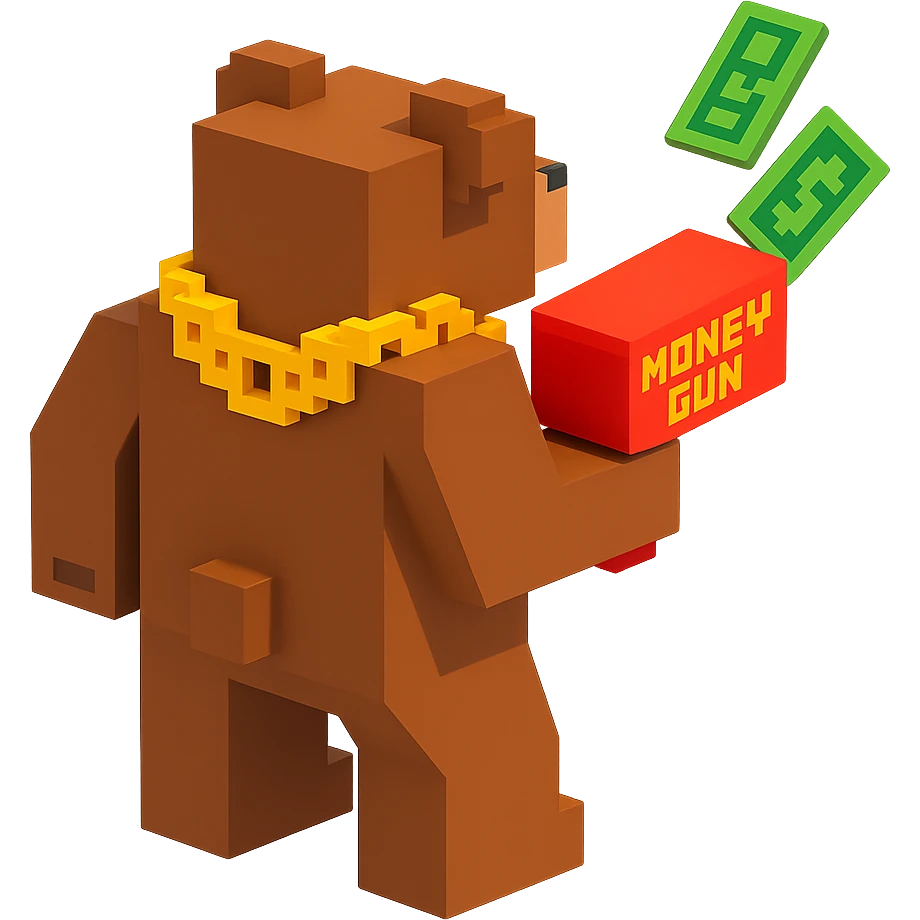 A grizzly bear with a chain and a money gun, voxel style, facing backward emoji