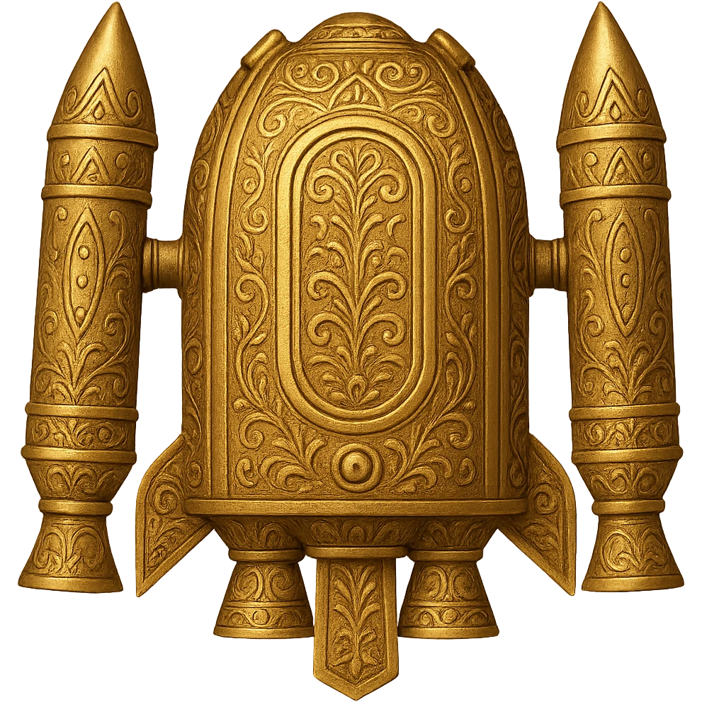 Create a gold ancient wide jetpack with rocket projectiles on both sides, back view, no fire, with engraved patterns in the style of apple emojis. Make it a variant with different engraved details and slightly different rocket shapes. No background. emoji