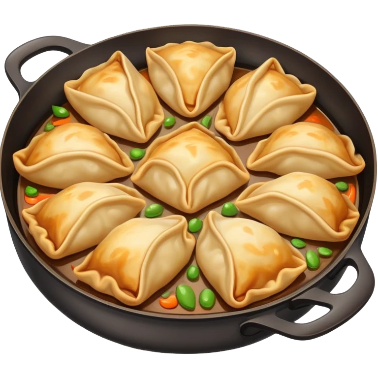 Shanghai fried dumplings with crispy bottom, simplified emoji style with bold outlines and bright colors, cartoon style pan-fried potstickers emoji