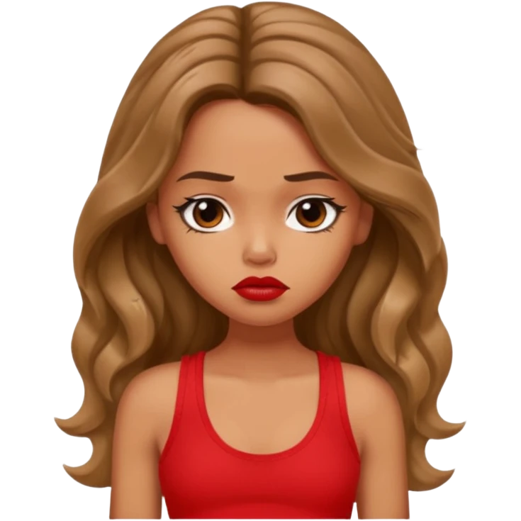 generate a pretty tan bratz girl with brown wavy hair long wearing a red tank top, red lipstick. Looking sad emoji